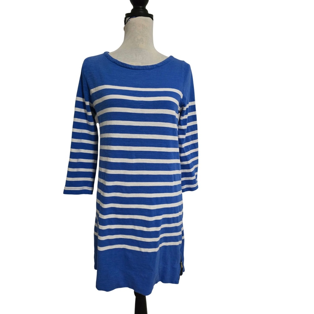J.Crew Blue White Striped Cotton‎ 3/4 Sleeve Shift Dress with Side Zips 73194 S